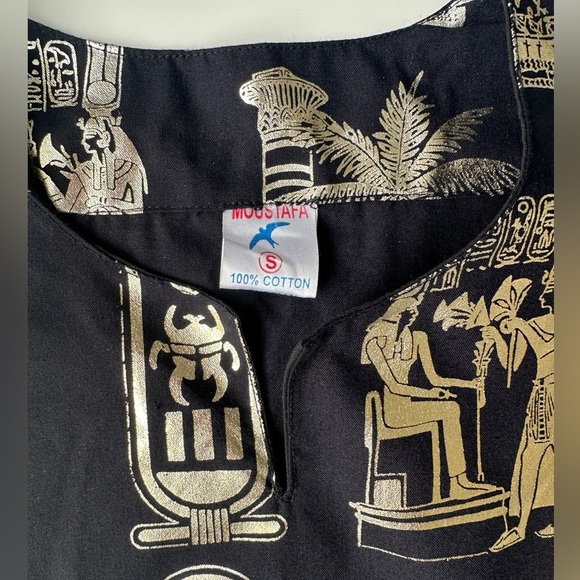 Moustafa Black Gold Egypt Short Sleeve Long Cotton Oversized Dress Womens Small - Picture 2 of 6